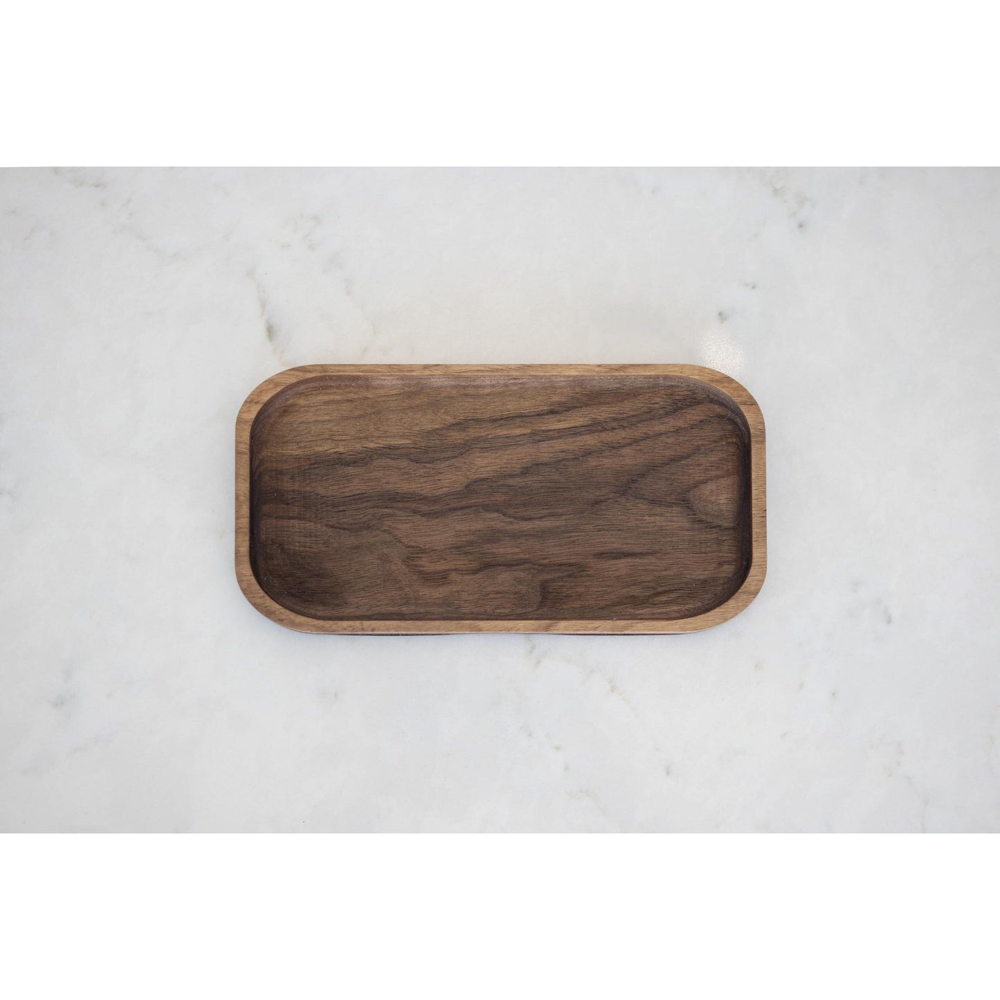 Exquisite Hardwood Valet Tray, crafted from walnut wood. Versatile organizer keeps essentials in one place with style. Perfect gift for husbands or boyfriends. Measures 5"x10"x3/4". Combines functionality and elegance. Felt feet protect wood.