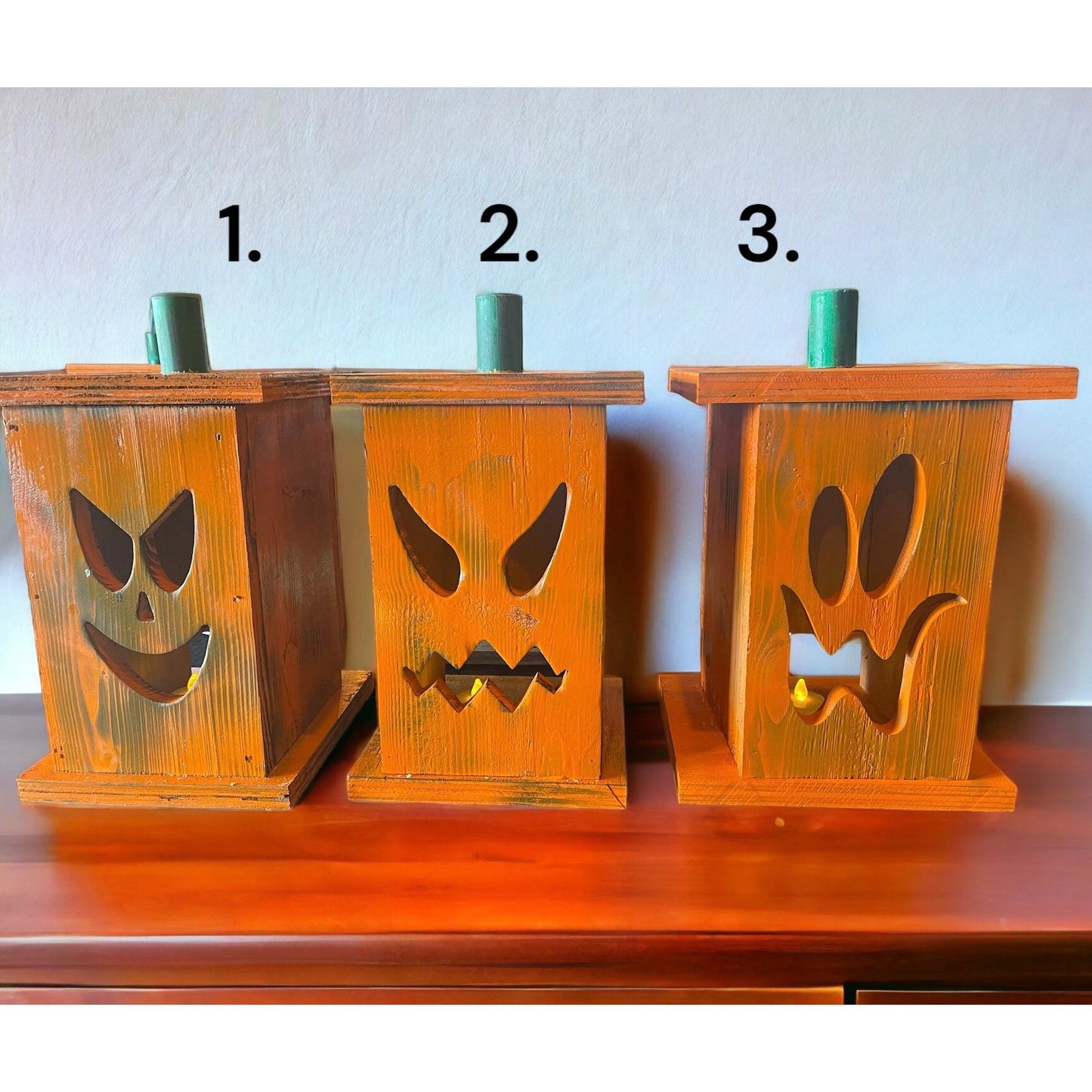 Our FarmStyle Jack-O-Lanterns, complete with LED tea lights, measuring approximately 8"x8"x12". Illuminate your space with the warm and inviting glow of these charming rustic lanterns, perfect for adding a touch of farmhouse-inspired charm to your decor.