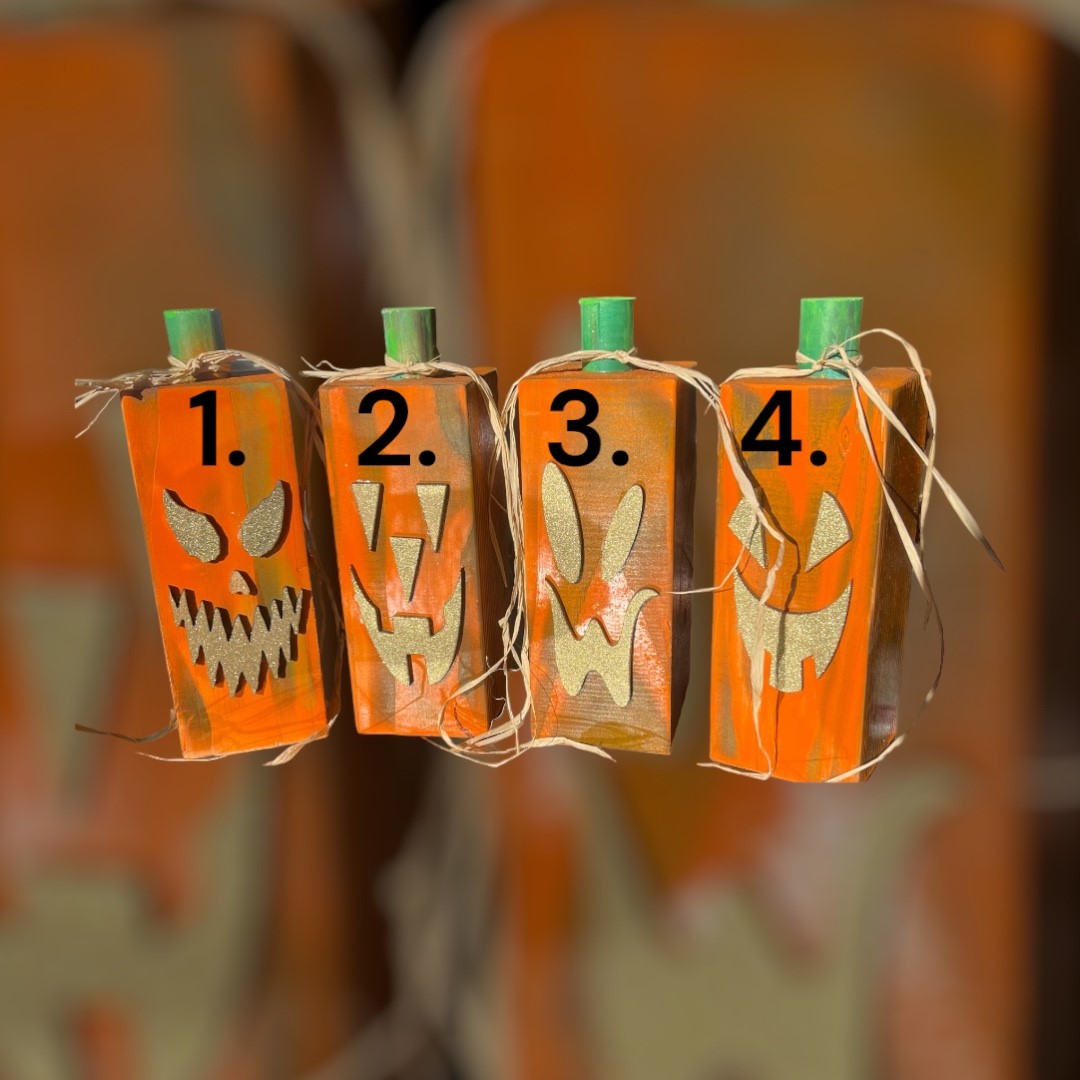Glitz and Glammy Jack-O-Lanterns" is a fun and creative way to add a touch of glamour to your Halloween decorations. Here are four styles to choose from to make your jack-o-lanterns stand out! (9" Tall x 3.5" square")