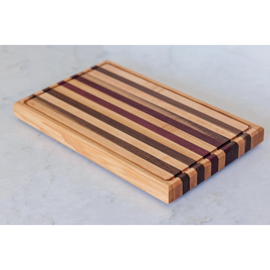Large Hardwood cutting board with juice groove! Walnut, purple heart, hickory, hard maple, and cherry. 17"x10.5"x1.5"