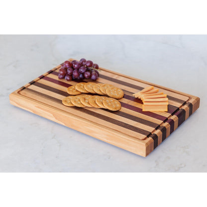 Large Hardwood cutting board with juice groove! Walnut, purple heart, hickory, hard maple, and cherry. 17"x10.5"x1.5"