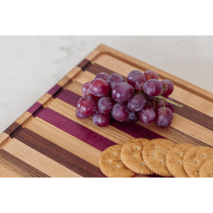 Large Hardwood cutting board with juice groove! Walnut, purple heart, hickory, hard maple, and cherry. 17"x10.5"x1.5"