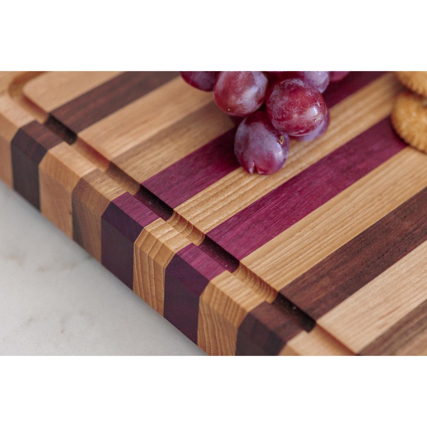 Large Hardwood cutting board with juice groove! Walnut, purple heart, hickory, hard maple, and cherry. 17"x10.5"x1.5"
