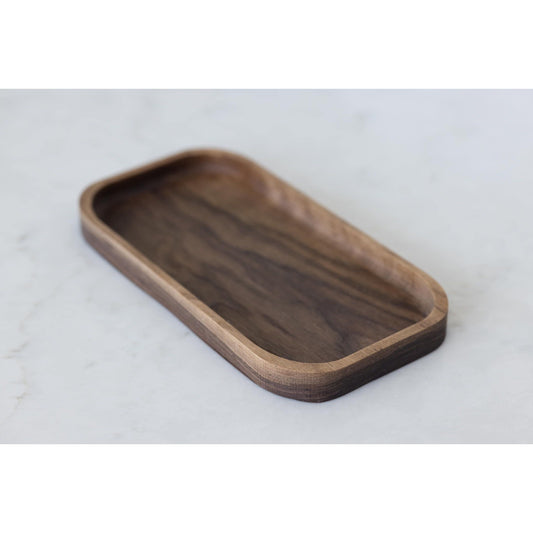 Exquisite Hardwood Valet Tray, crafted from walnut wood. Versatile organizer keeps essentials in one place with style. Perfect gift for husbands or boyfriends. Measures 5"x10"x3/4". Combines functionality and elegance. Felt feet protect wood.